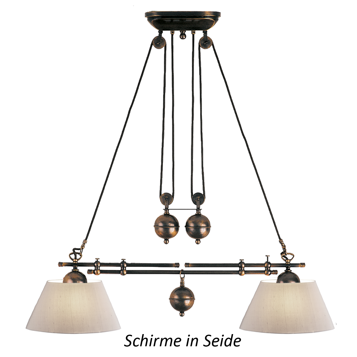 Anno 1900 Zugleuchte Esstisch Hängeleuchte in Höhe und Breite verstellbar mit Lampenschirm in Seide Farbe nach Wahl