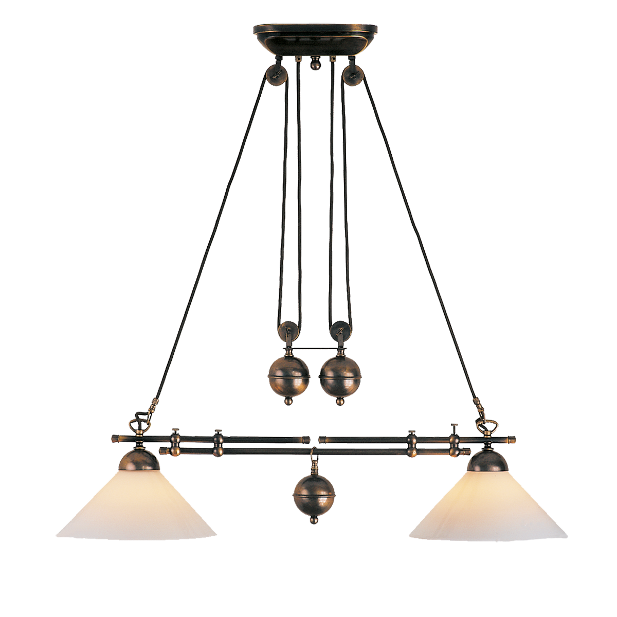 Anno 1900 Zugleuchte Esstisch Hängeleuchte in Messing ist in Höhe und Breite verstellbar Lampenschirm in Opalglas weiss