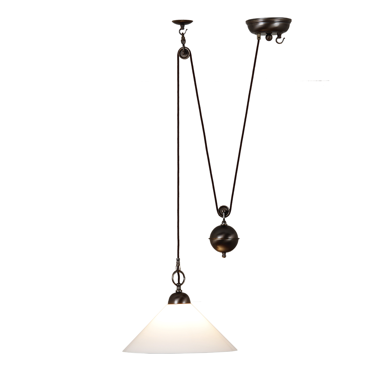 Anno 1900 Zugleuchte Esstisch Hängeleuchte in Messing in der Höhe verstellbar Lampenschirm in Opalglas weiss