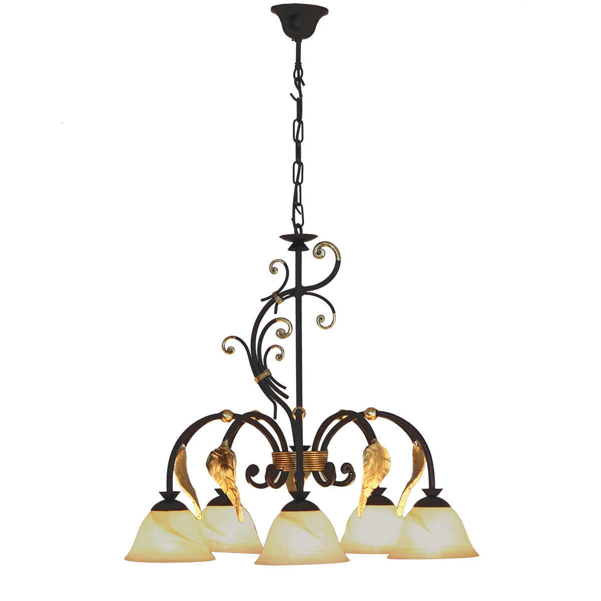 Florence Antik Krone Florentiener Art 6 flammig braun schwarz mit Blattgold Verzierung Lampenglas nach Wahl