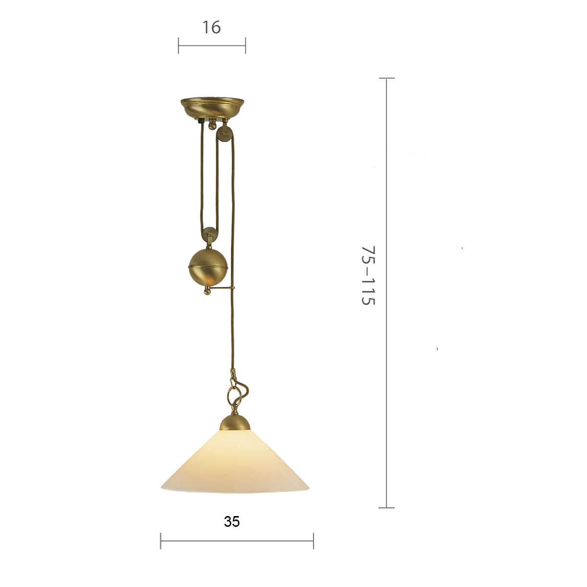 Anno 1900 Zugleuchte Esstisch Hängeleuchte in Messing in der Höhe verstellbar Lampenschirm D=35cm in Opalglas weiss