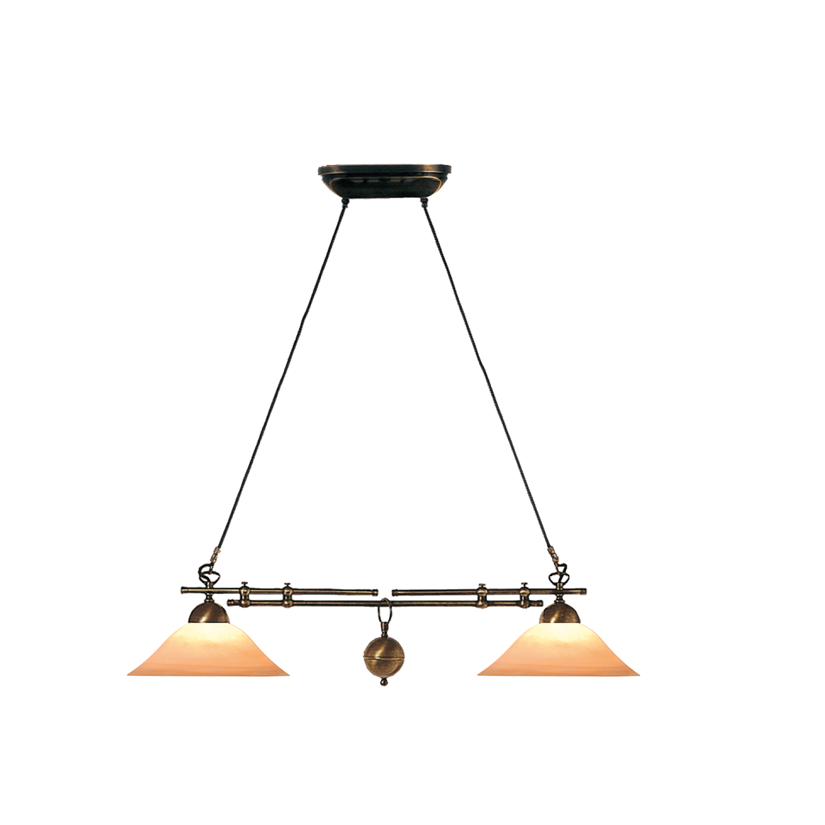 Anno 1900 Balken Esstisch Leuchte in der Breite verstellbar Messing brüniert -gebürstet mit Rauchglas Scavo D=30cm Landhaus Chalet
