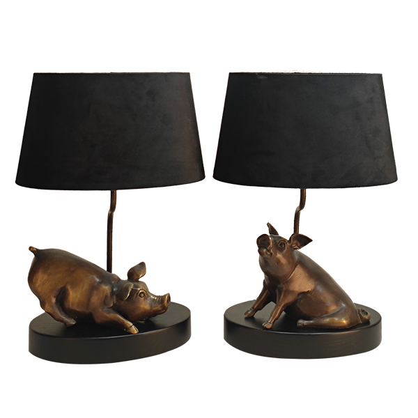 Tischleuchten Paar Bronce Schweindl auf ovaler Holzplatte, Schirm ROK30/23/18 Samt schwarz