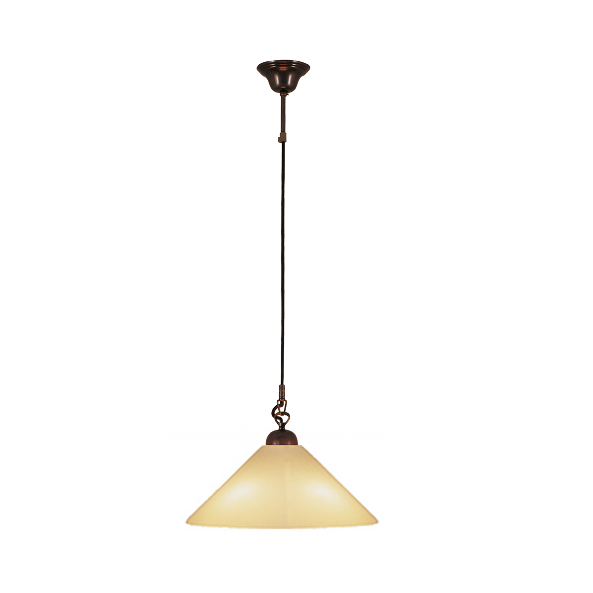 Anno 1900 Schnur Pendel in Messing brüniert oder satiniert Textilkabel und Lampenschirm in Opalglas D=39cm ambra