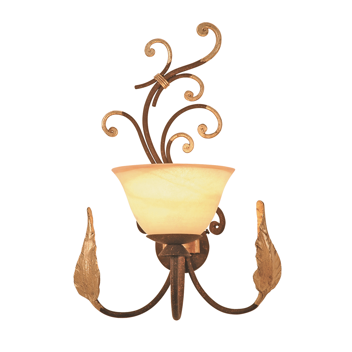 Menzel Florence Wandleuchte E14, Glas nach Wahl, Schmiedeeisen braun schwarz mit Blattgold Verzierung