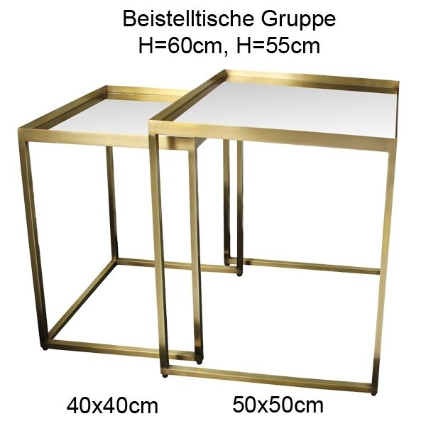 Kaheku Beistelltisch 2er Set, H55cm + H=60cm, Messing, Einlegeplatten Spiegelglas
