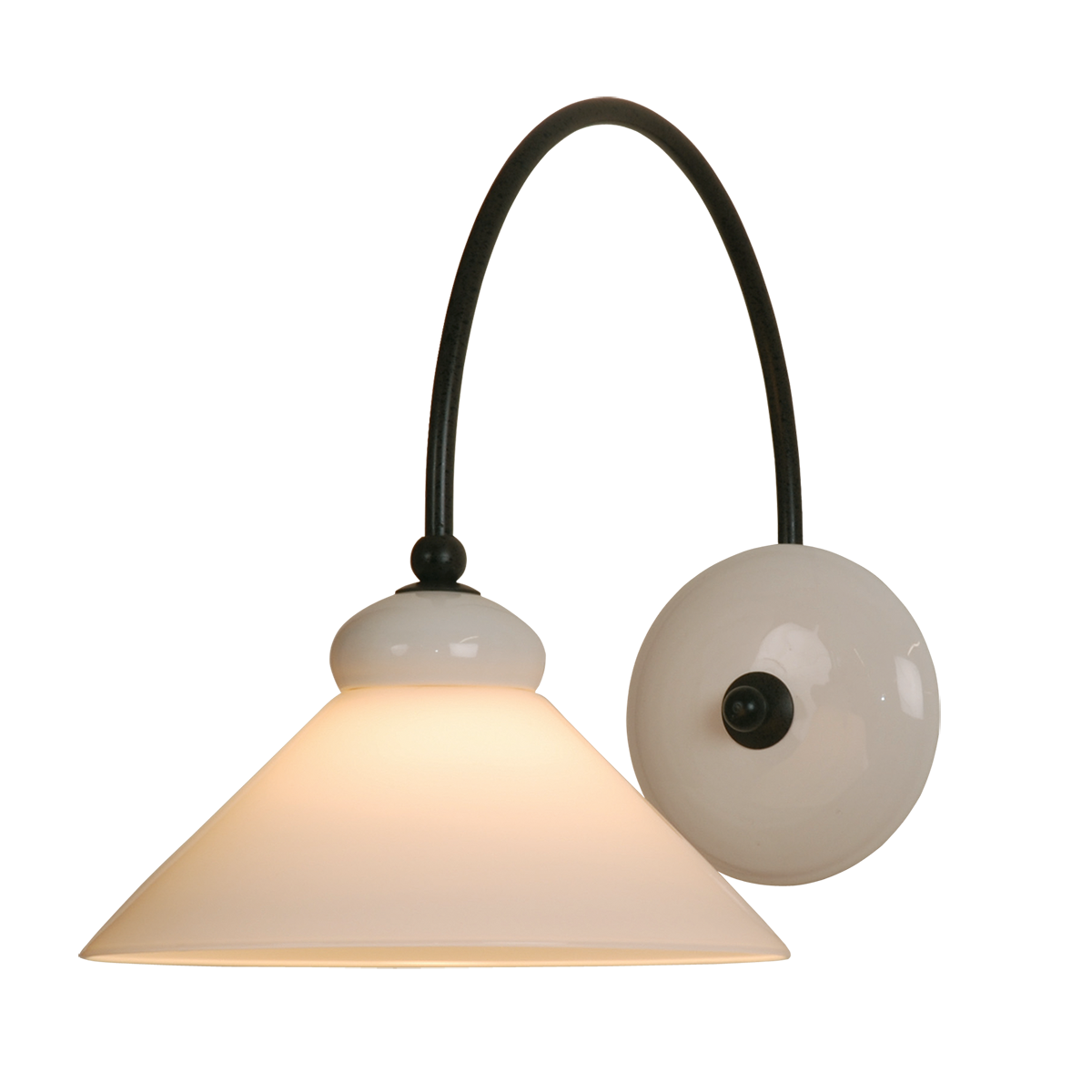Menzel Provence Eisen Keramik schwenkbare Wandleuchte mit konischem Opalglas weiß für das Landhaus