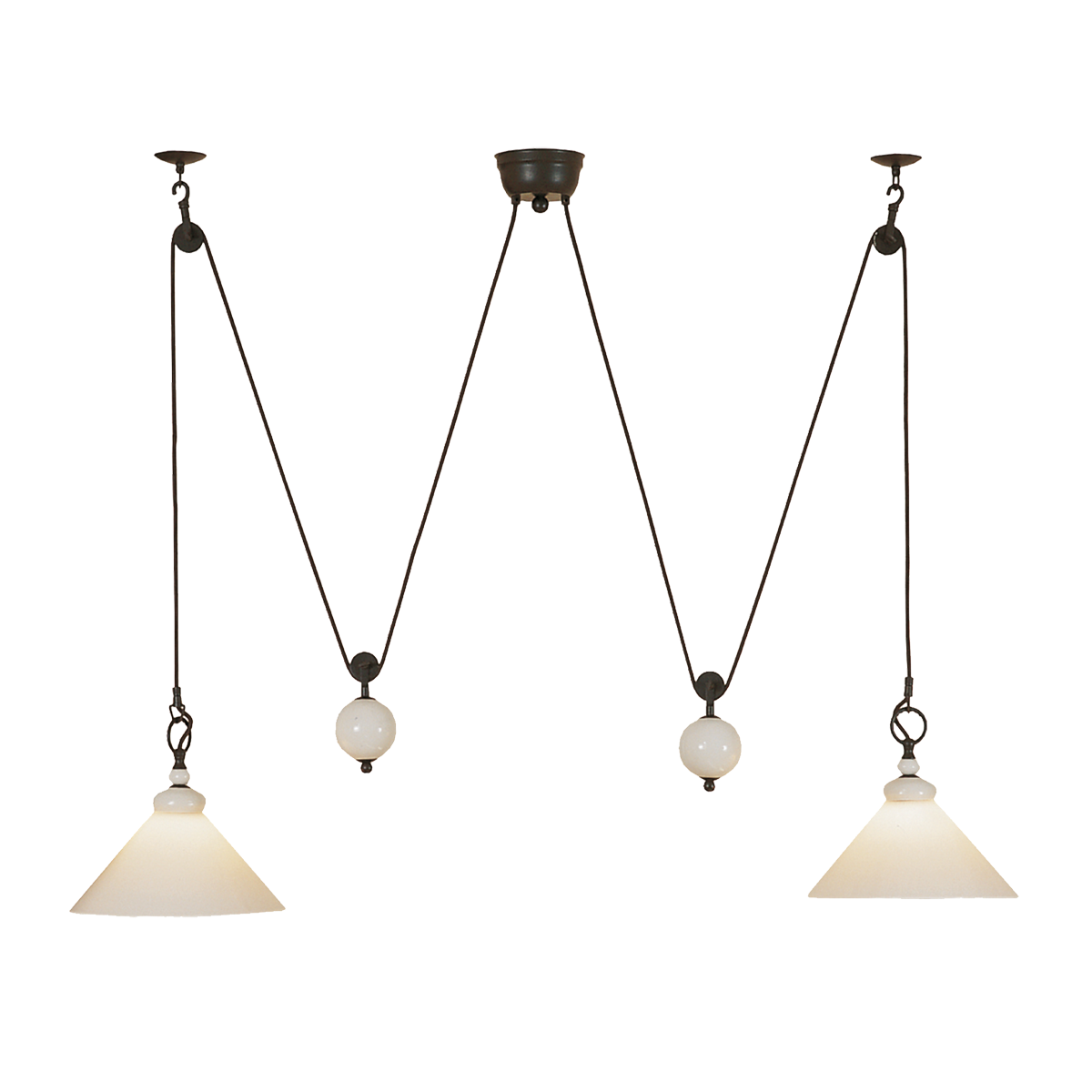 Menzel Provence Keramik 2 flammiger Zug Esstischleuchte für den länglichen Tisch höhenverstellbar E27 mit Opalglas weiß  D=30cm