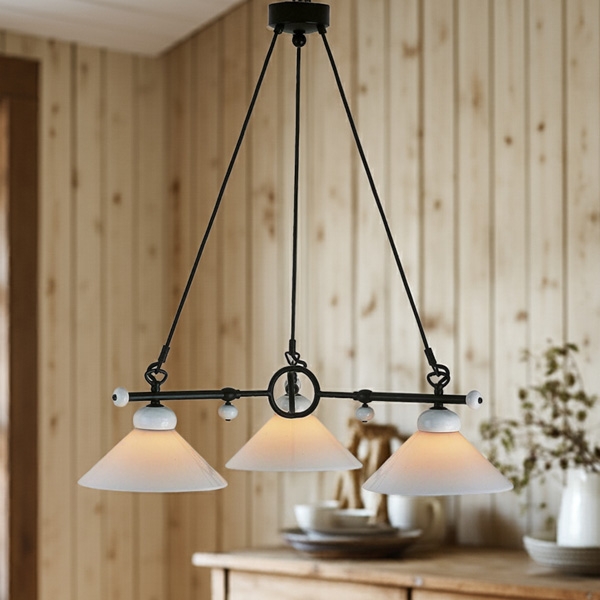 Menzel Provence Eisen Keramik Hängeleuchte Provence Pendel für den runden Esstisch verstellbar mit Opalglas weiß Landhaus