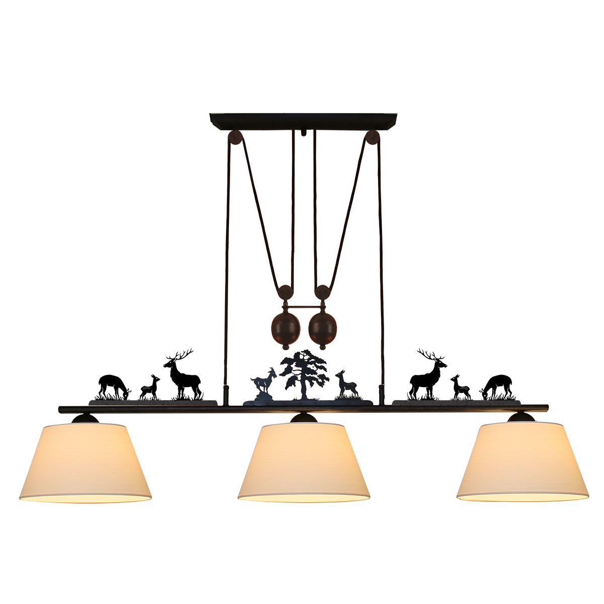 Menzel Themen Esstisch Zugleuchte B=130cm höhenverstellbar, braun schwarz, mit Motiv Leisten, Strichlack Schirm