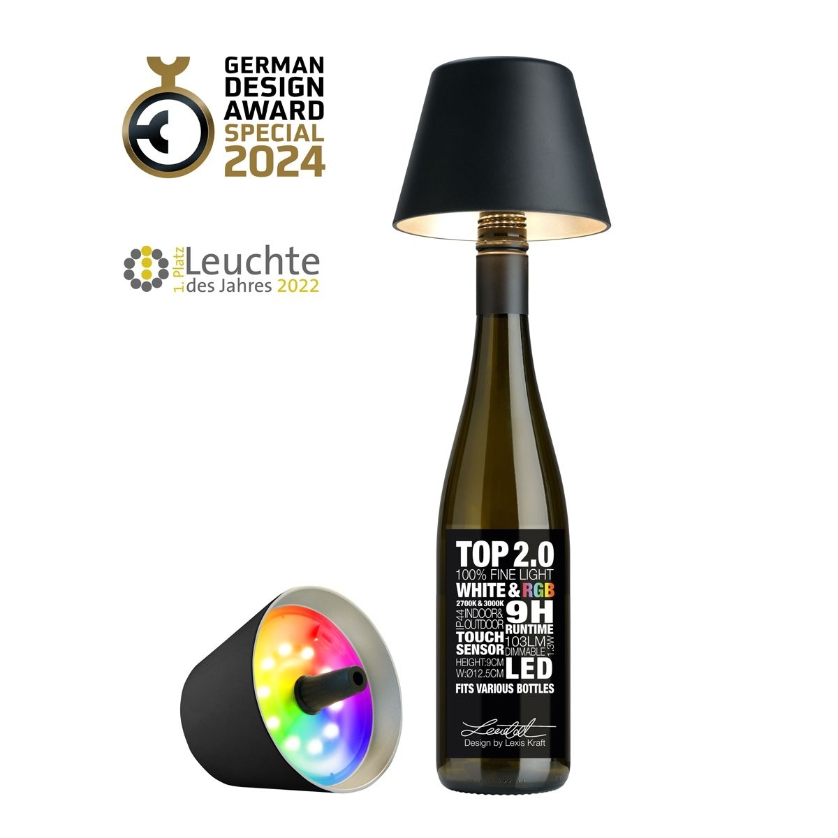Sompex Top 2.0 Akkuleuchte, schwarz, Ø=12.5cm, 1.3W, 103lm, 2700 & 3000K, RGB