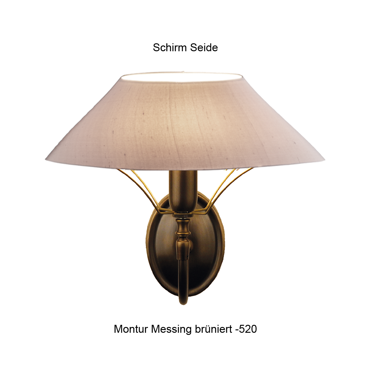 Menzel Living Wandleuchte ovales Rückenschild Messing nach Wahl mit ovalem Lampenschirm in Seide Farbe nach Wahl