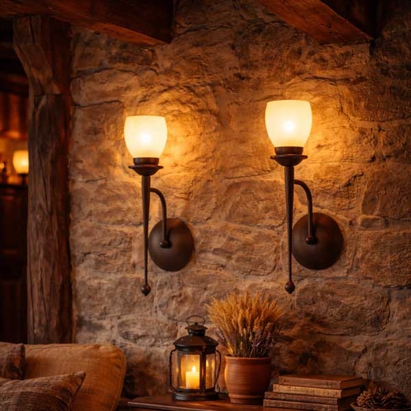 Menzel Chalet Wandleuchten E14, Glas nach Wahl, geschmiedet braun-schwarz