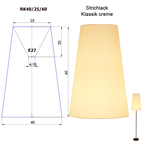 Lampenschirm konisch Dunten=40cm, H=60cm E14 / E27 Strichlack Farbe nach Wahl