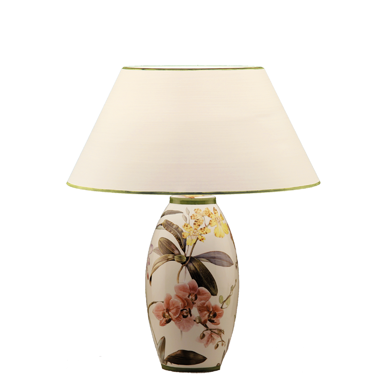 Tischleuchte 1 Keramik Vasenleuchte mit Dekor Orchidee E27 mit Lampenschirm in Strichlack Farbe nach Wahl