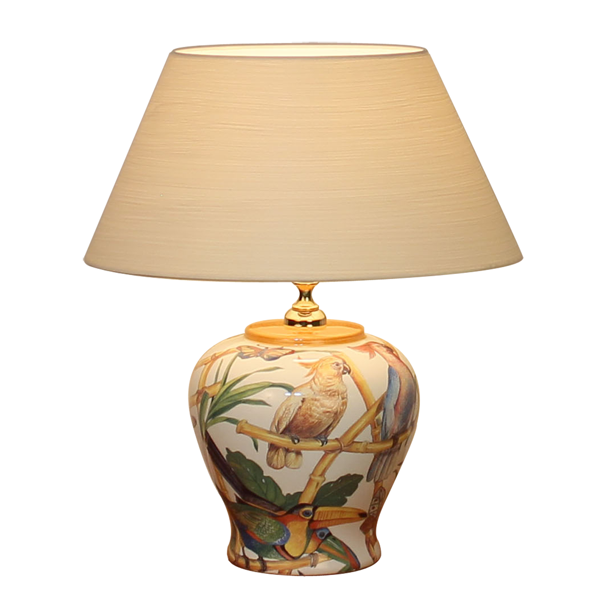 Tischleuchte 1 Keramik Vasenleuchte mit Dekor Papagei E27 mit Lampenschirm in Chintz Farbe nach Wahl
