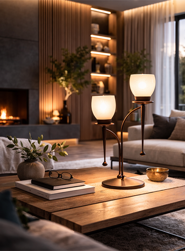 Menzel Chateau Tischleuchte 2 x E14, Glas nach Wahl, Eisen Schmiedeeisen braun schwarz