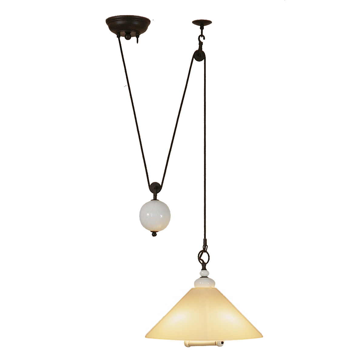 Menzel Provence Keramik Zug Esstischleuchte rund höhenverstellbar E27 mit konischen Opalglas ambra  D=39cm für die Landhaus Küche