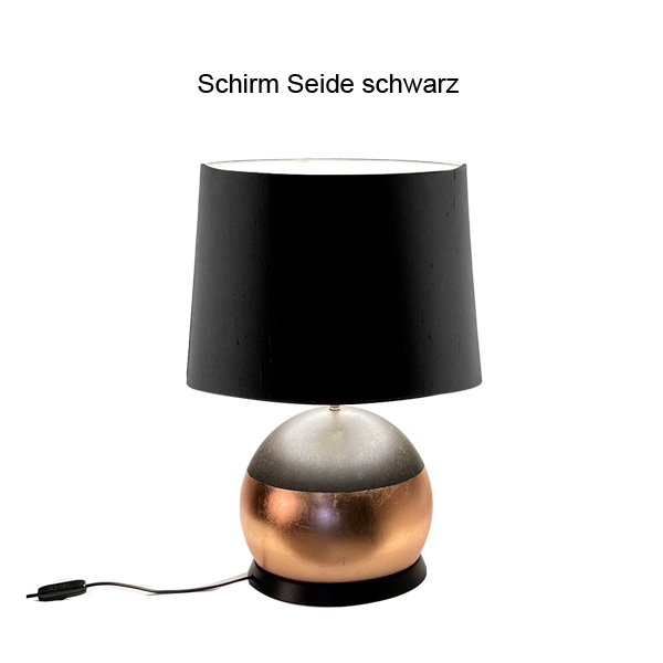 Menzel SOLO Tischleuchte Kugel H=45cm, E27, Eisen Blattkupfer in Kombination mit braun-schwarz getupft, incl. Schirm Seide D=35cm