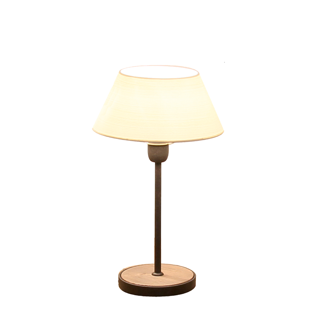 Living Eisen - Holz kleine Tischleuchte E27 mit eingelegter Holzplatte und Lampenschirm in Strichlack