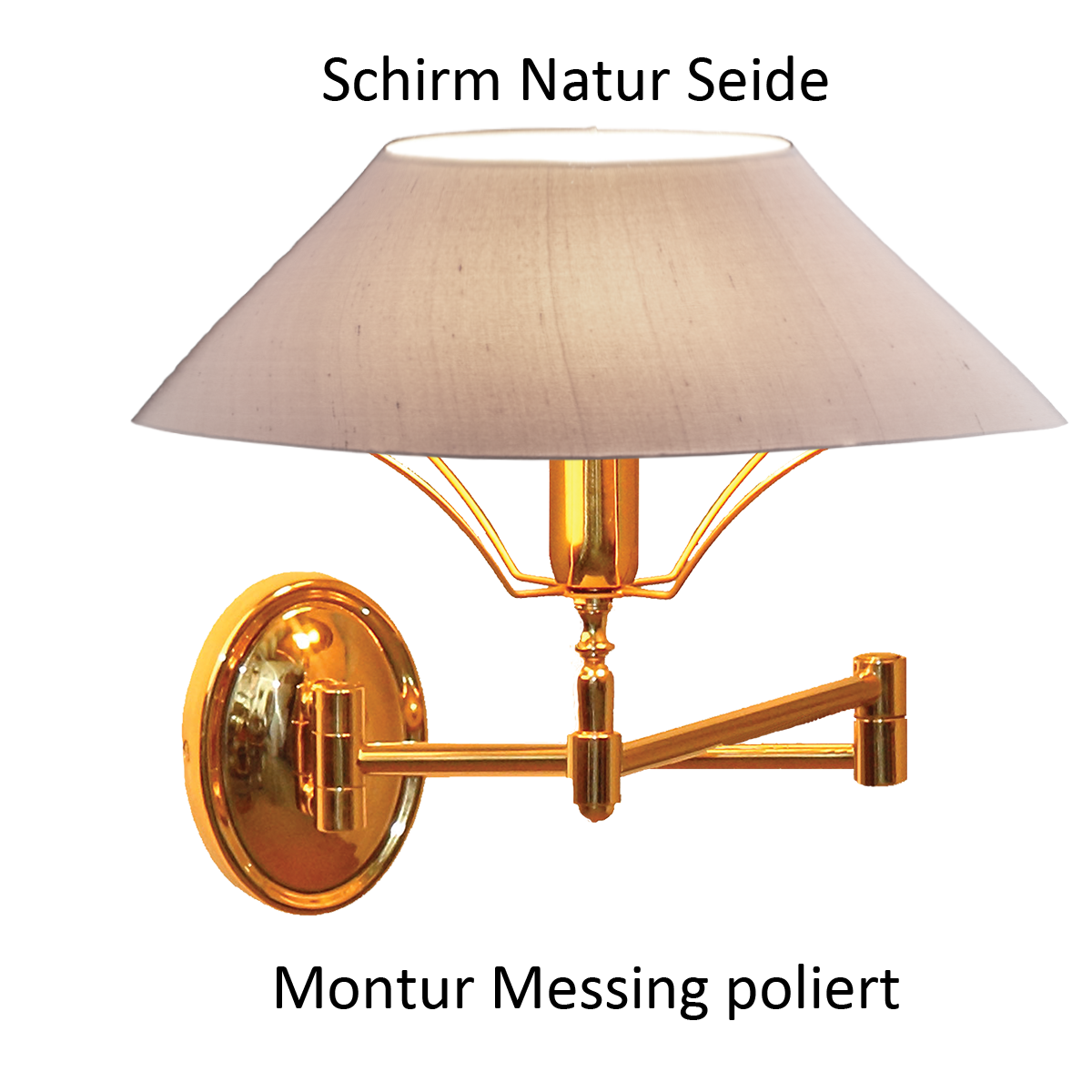 Menzel Living Wandleuchte ovales Rückenschild und schwenkbar Messing nach Wahl  mit Lampenschirm in Seide Farbe nach Wahl