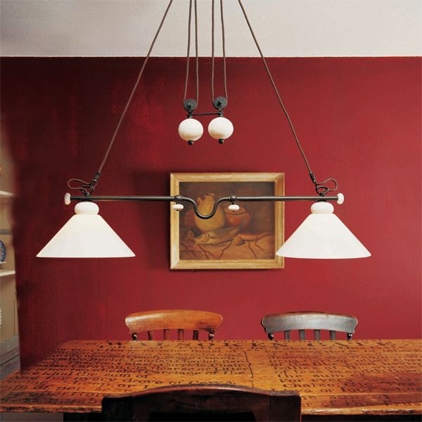 Menzel Provence Keramik 2 x E27 Zug Esstischleuchte für den länglichen Tisch höhen und -breiten verstellbar mit 2 x Opalglas weiß  D=30cm