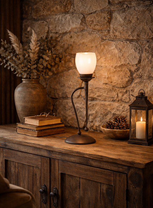 Menzel Chateau Tischleuchte 1 x E14, Glas nach Wahl, Eisen Schmiedeeisen braun schwarz