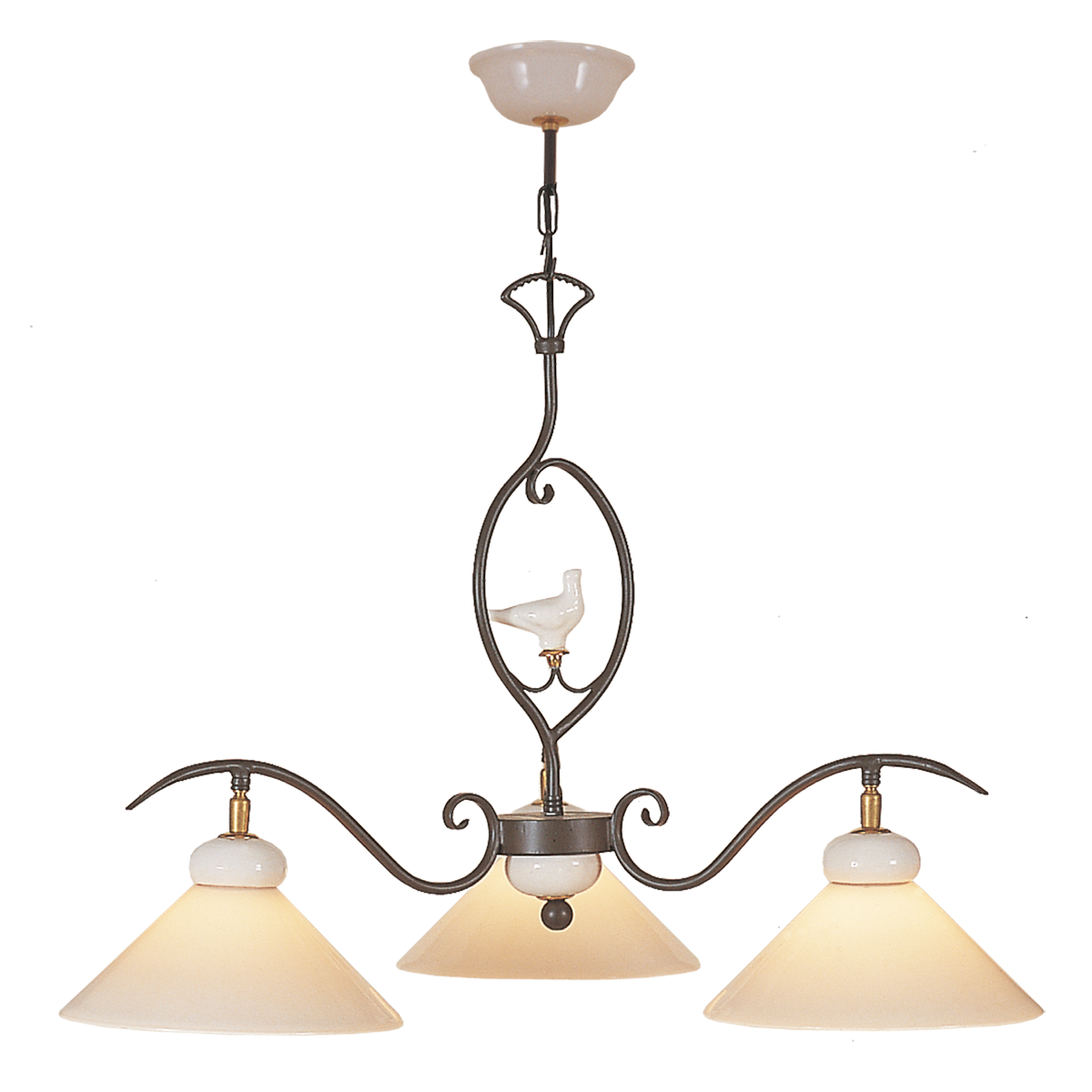 Menzel Provence Romantik Hängeleuchte Krone 3 flammig für den runden Esstisch Eisen Keramik mit weißem Opalglas